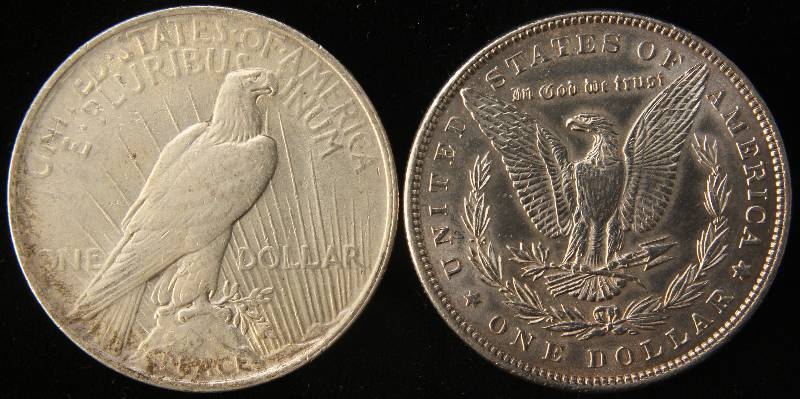 2 SILVER DOLLARS 1898 MORGAN AU CLEANED, 1922 PEACE VF