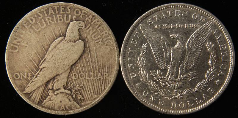 2 SILVER DOLLARS 1891 MORGAN AU CLEANED, 1922-D PEACE F