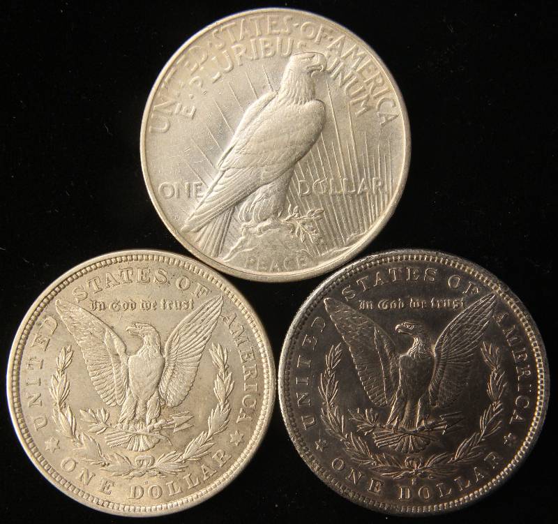 3 SILVER DOLLARS 1881-S UNC CLEANED, 1921-S XF MORGAN, 1922-D PEACE AU