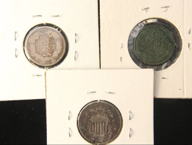1858LL FLYING EAGLE, 1912-D WHEAT CENT, 1869 SHIELD NICKEL