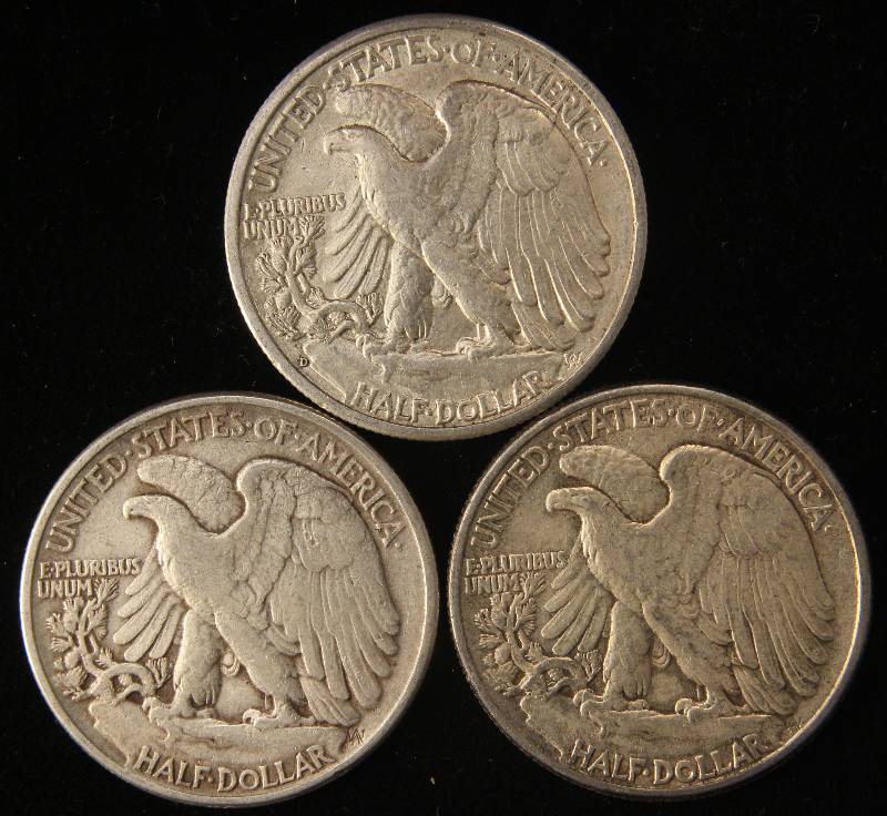 3 SILVER HALF DOLLARS 1943-D AU, 1944 VF, 1945 XF