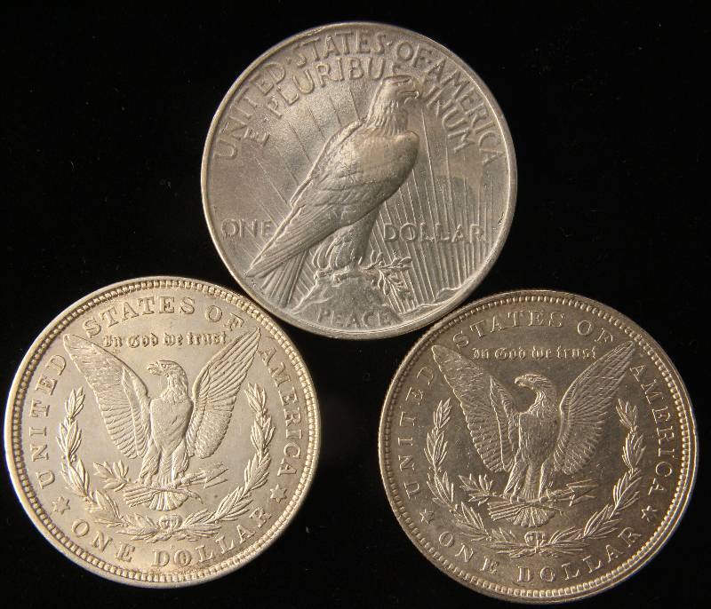 3 SILVER DOLLARS 1880 UNC, 1921-D AU, 1922 AU LIGHT CLEANING