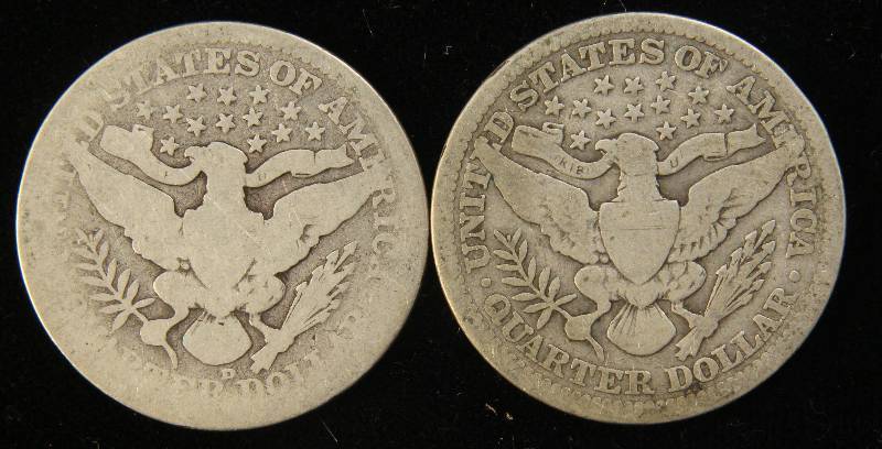 2 SILVER BARBER QUARTERS 1907-D, 1911-P
