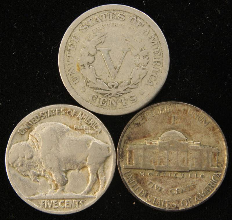 3 TYPE NICKELS 1899 V, 1930 BUFFALO, 1942 SILVER WAR