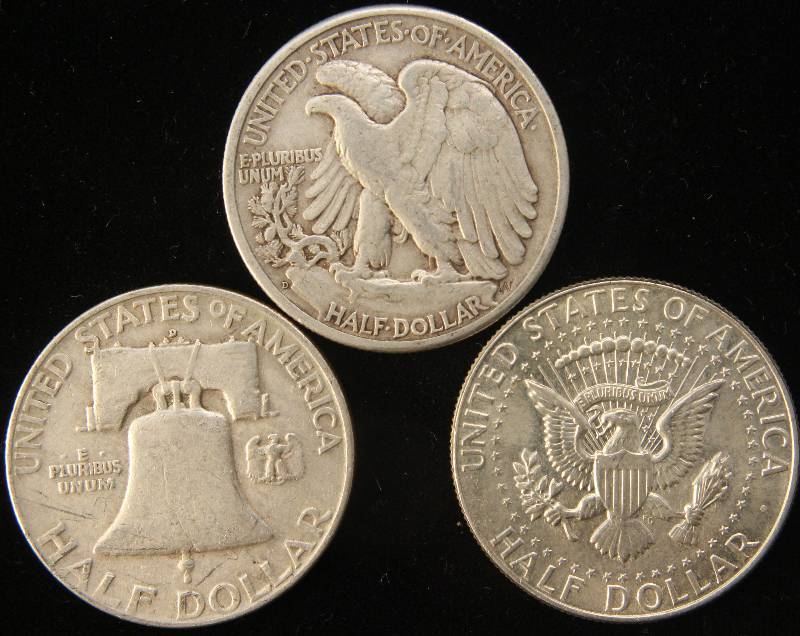 3 SILVER HALF DOLLARS 1944-D, 1954-D, 1964