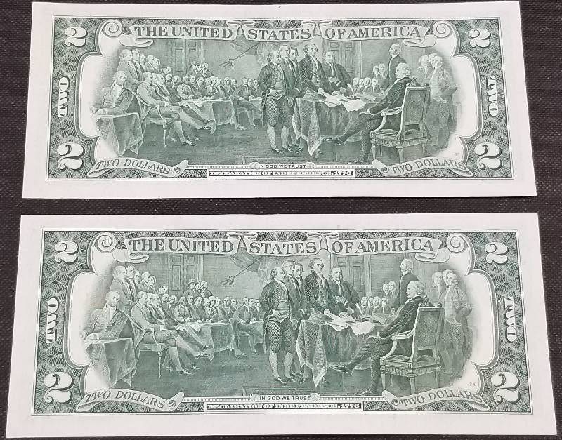 2 CONSECUTIVE SERIAL NUMBER 1976 $2 BILL BU-UNC WITH POSTMARKSTAMP