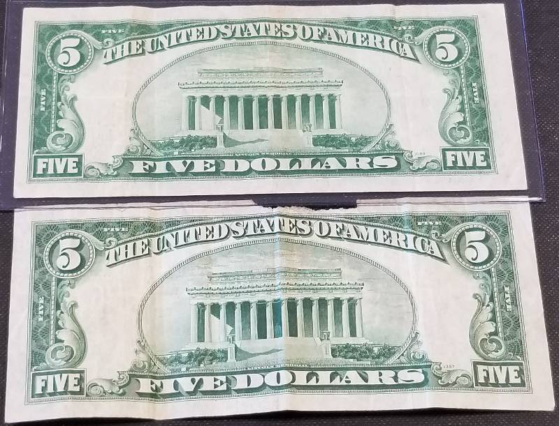 2 US $5 SILVER CERTIFICATE NOTES ONE RED SEAL, ONE BLUE SEAL