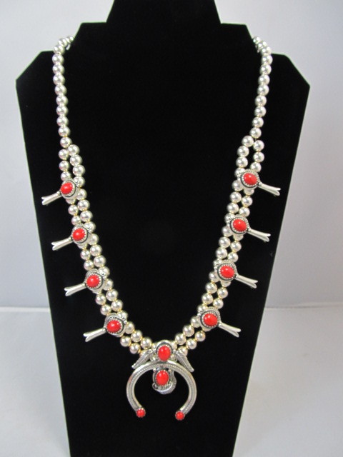 lot 51 image: Sterling Silver & Red Coral Squash Blossom Necklace