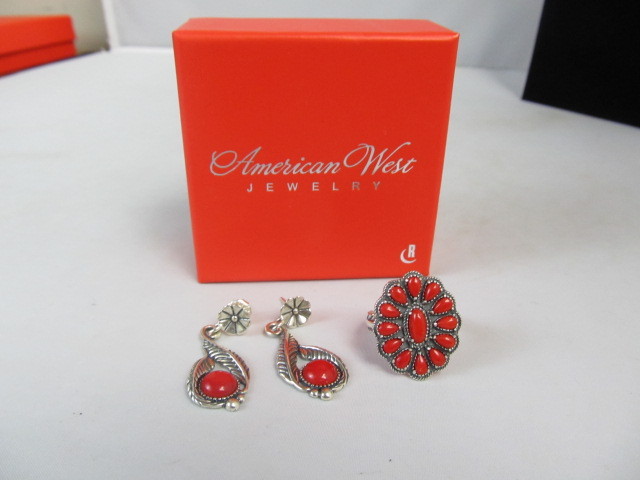 lot 52 image: Sterling Silver & Red Coral Ring & Earrings