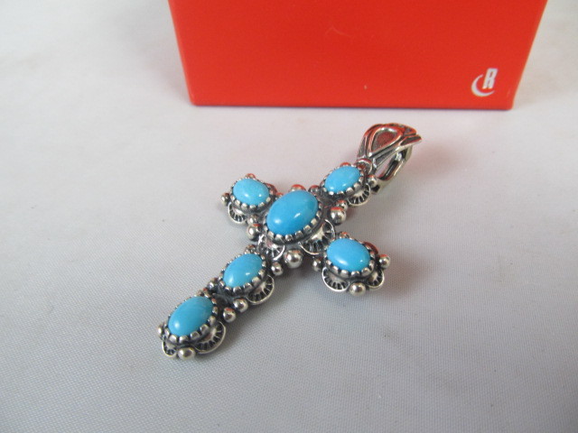 lot 53 image: Sterling Silver & Turquoise Sleeping Beauty Cross Pendant