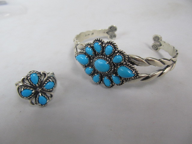 lot 57 image: Sterling Silver & Turquoise Sleeping Beauty Bracelet & Ring