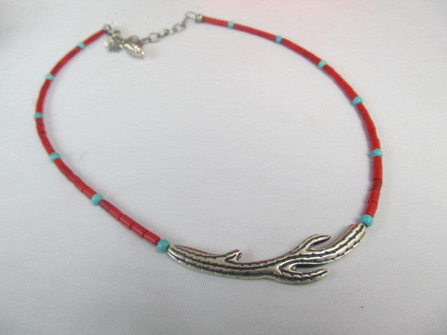 lot 59 image: Sterling Silver wTurquoise & Red Coral Cactus Necklace