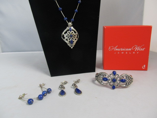 lot 62 image: Sterling Silver Lapis Pendant Necklace Bracelet 2 Earring Sets