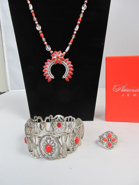 lot 64 image: Sterling Silver Red Coral Naja Pendant Necklace Bracelet & Ring