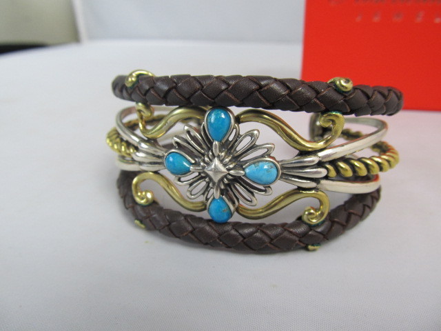 lot 68 image: Sterling & Mixed Metal Turquoise Leather Bracelet