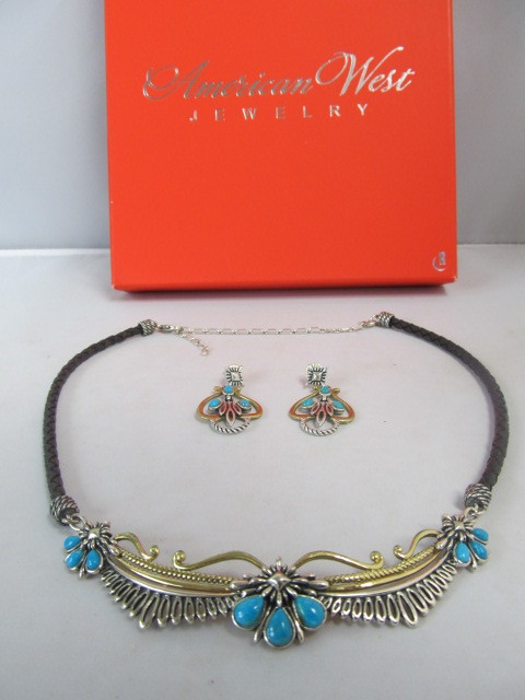 lot 69 image: Sterling Silver & Brass Turquoise Statement Necklace & Earrings