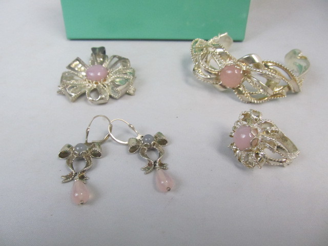 lot 70 image: Sterling Silver & Pink Gemstone Pendant Bracelet Ring & Earrings