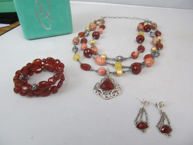 lot 71 image: Sterling Silver & Multi Colored Gemstone Pearl Pendant Necklace Bracelet & Earrings