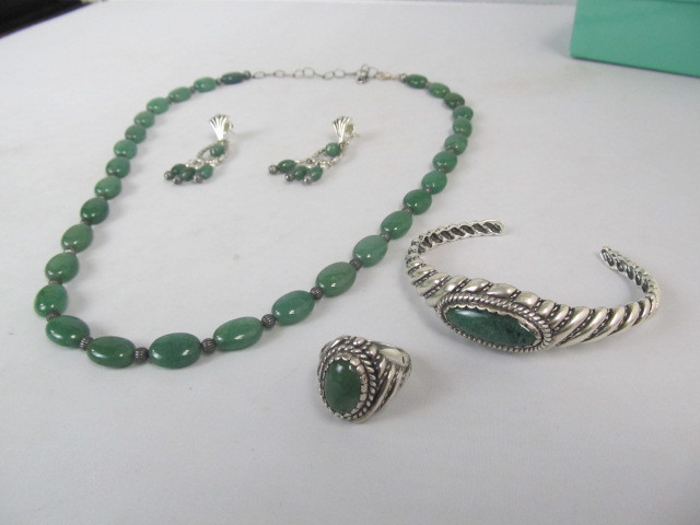lot 73 image: Sterling Silver & Green Gemstone Necklace Bracelet Ring & Earrings