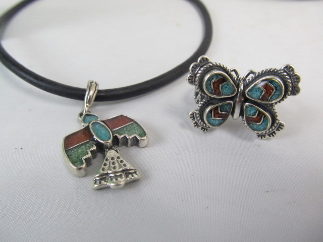 lot 74 image: Sterling Silver Multi Stone Inlay Bird Necklace & Butterfly Ring