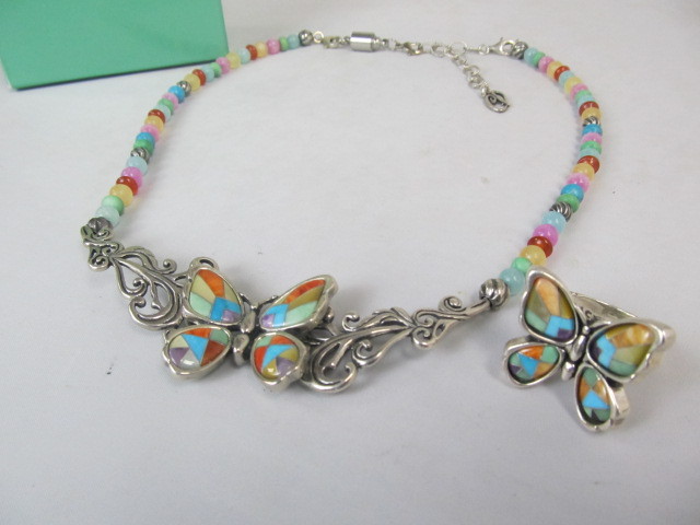 lot 75 image: Sterling Silver Multi Stone Inlay Butterfly Necklace & Ring