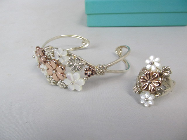 lot 79 image: Sterling Silver Brass & Mother Of Pear Bracelet & Ring