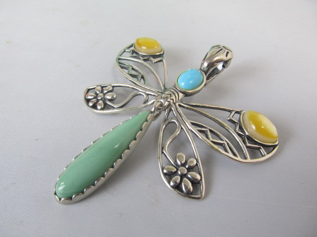 lot 80 image: Veronica Benally Sterling Silver & Gemstone Dragonfly Pendant - 2.75 tall