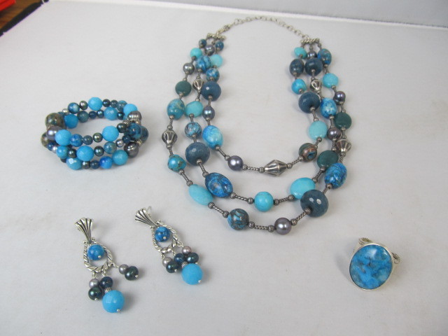 lot 1 image: Sterling Silver & Blue Gemstone wPearls Necklace Bracelet Ring Earrings