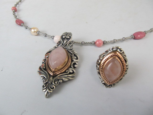 lot 2 image: Sterling Silver & Bronze wPink Gemstones Pendant Necklace & Ring
