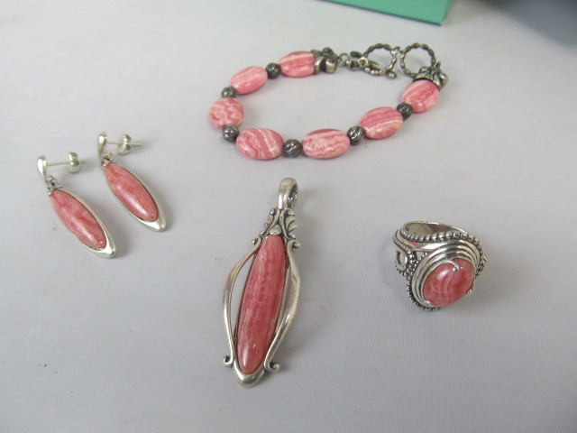 lot 3 image: Sterling Silver & Pink Gemstone Pendant Ring Bracelet & Earrings