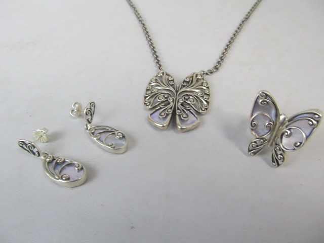 lot 5 image: Sterling Silver & Mother-Of-Pearl Butterfly Pendant Necklace Ring & Earrings