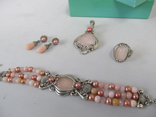 lot 9 image: Sterling Silver & Pink GemstonePearls Pendant Ring & Earrings
