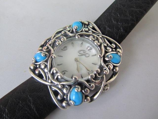 lot 10 image: Sterling Silver Turquoise & Leather Sleeping Beauty Watch