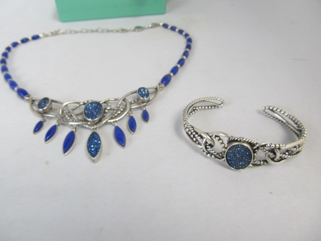 lot 12 image: Sterling Silver Lapis & Cobalt Blue Drusy Necklace & Bracelet