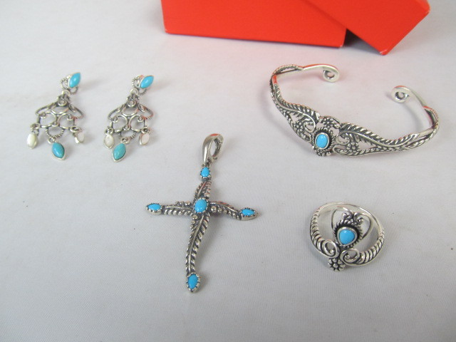 lot 20 image: Sterling Silver wTurquoise Pendant Bracelet Earrings & Ring