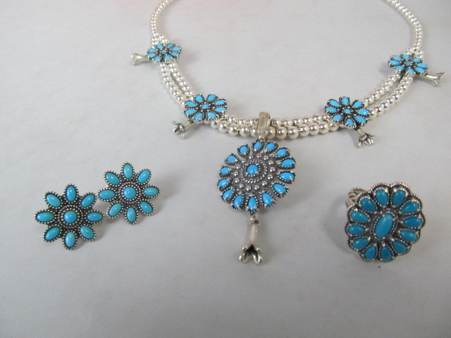 lot 19 image: Sterling Silver wTurquoise Squash Blossom Pendant Necklace Earrings & Ring