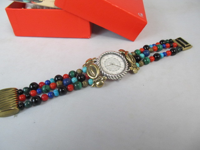 lot 28 image: Brass & Sterling Beaded Gemstone Watch 