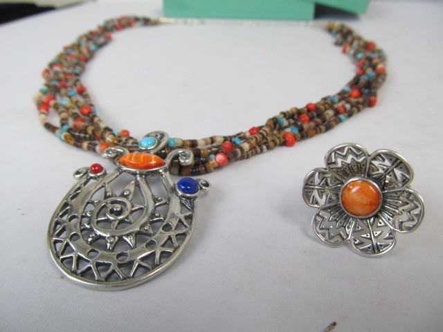 lot 38 image: Sterling Silver & Multi Colored Gemstone Pendant Necklace & Ring