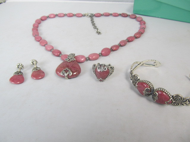 lot 41 image: Sterling Silver wRhodonite & Pink Gemstone Pendant Necklace Bracelet Ring & Earrings