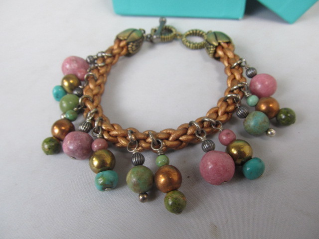lot 45 image: Sterling Leather & Brass Bracelet wPolished Gemstones