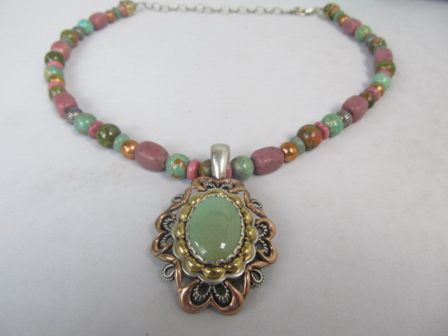 lot 46 image: Sterling Brass Copper & Multi Colored Gemstone Pendant Necklace 