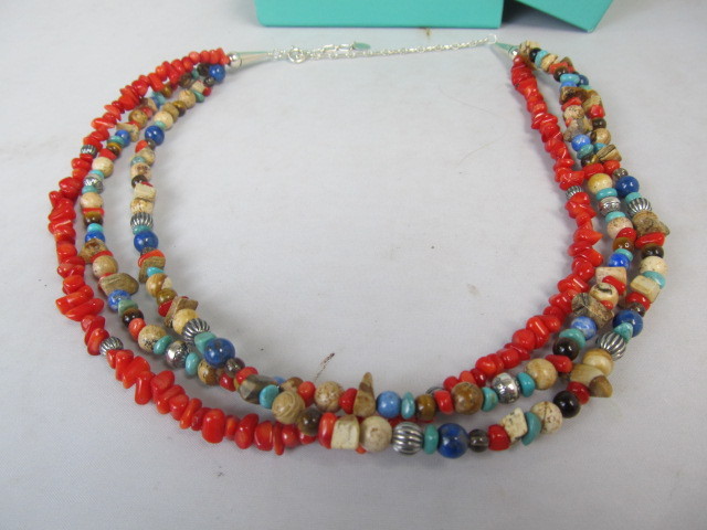 lot 49 image: Sterling Coral & Multi Colored Gemstone Necklace