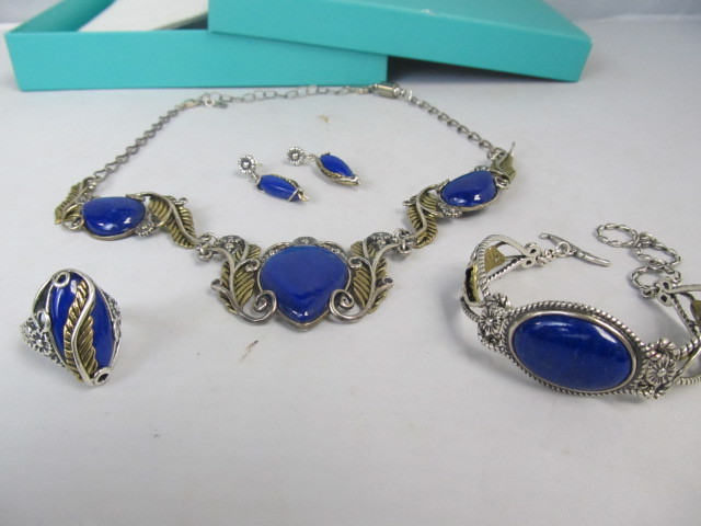 lot 50 image: Sterling Silver & Bronze Lapis Necklace Bracelet Ring & Earrings