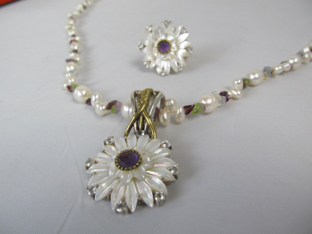 lot 84 image: Sterling Silver Bronze & Pearl Amethyst Pendant Necklace & Ring
