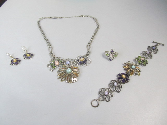 lot 88 image: Sterling Silver & Multi Gemstone Floral Necklace Bracelet Ring & Earrings