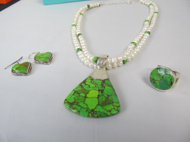 lot 90 image: Sterling Silver Green Turquoise wPearls Pendant Necklace Ring & Earrings