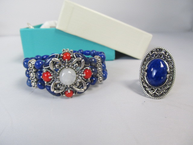 lot 93 image: Sterling Silver Lapis Red Coral Bracelet & Ring