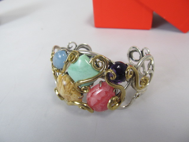 lot 96 image: Sterling Silver Brass Polished Gemstone Cuff Bracelet