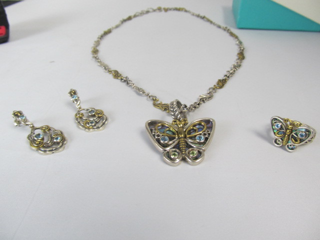 lot 99 image: Sterling Silver Mixed Metal Cut Gemstone Butterfly Pendant Necklace Ring & Earrings