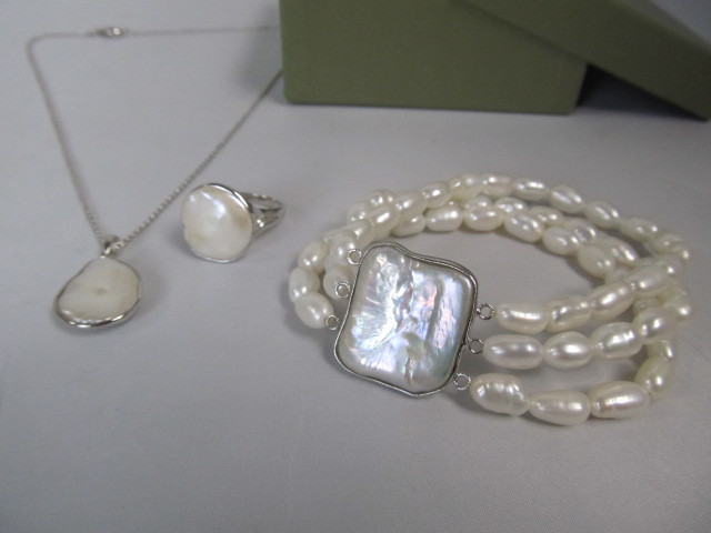 lot 121 image: Honora Sterling Silver & Genuine Pearl Pendant Necklace Bracelet & Ring